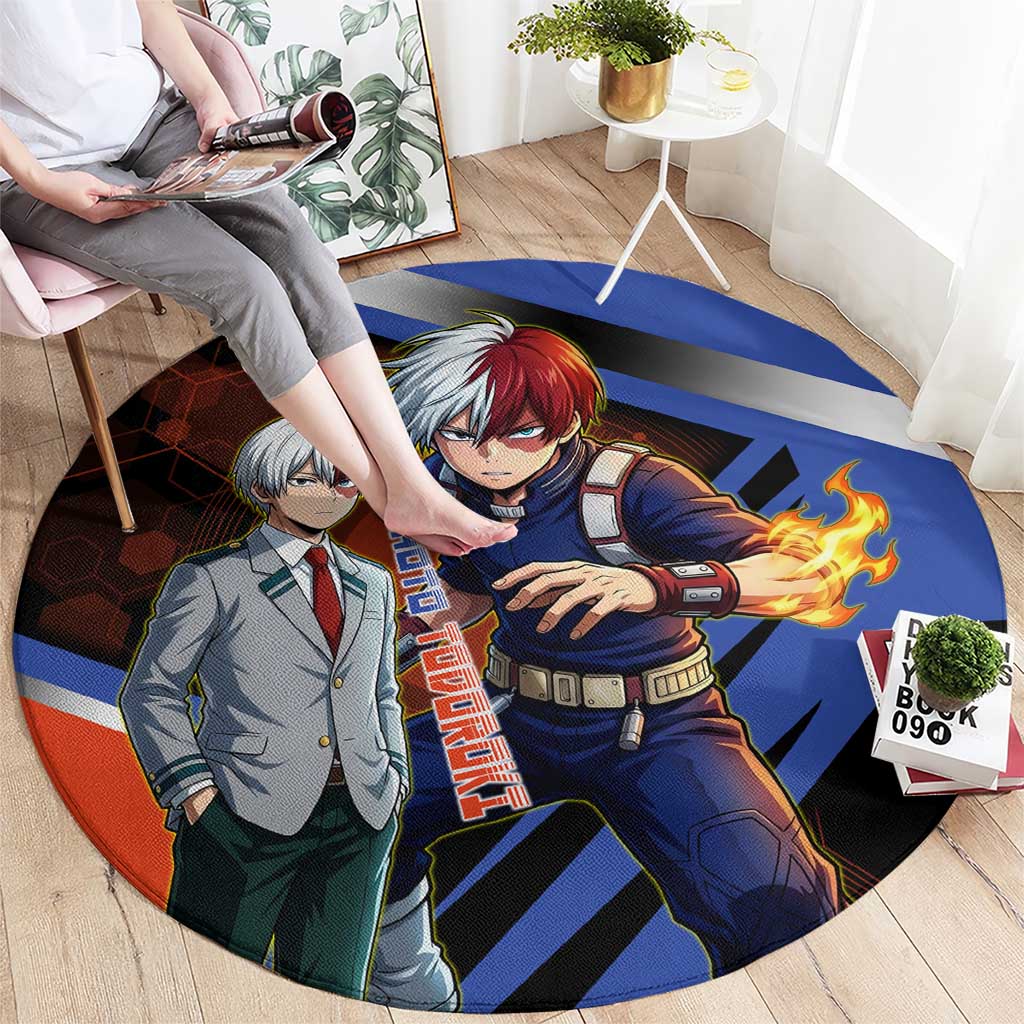 Shoto Todoroki Round Carpet Split Fire and Ice Anime Illustration with Elemental Energy Effects