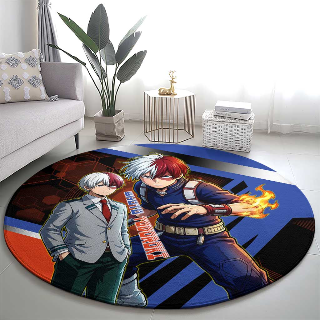 Shoto Todoroki Round Carpet Split Fire and Ice Anime Illustration with Elemental Energy Effects