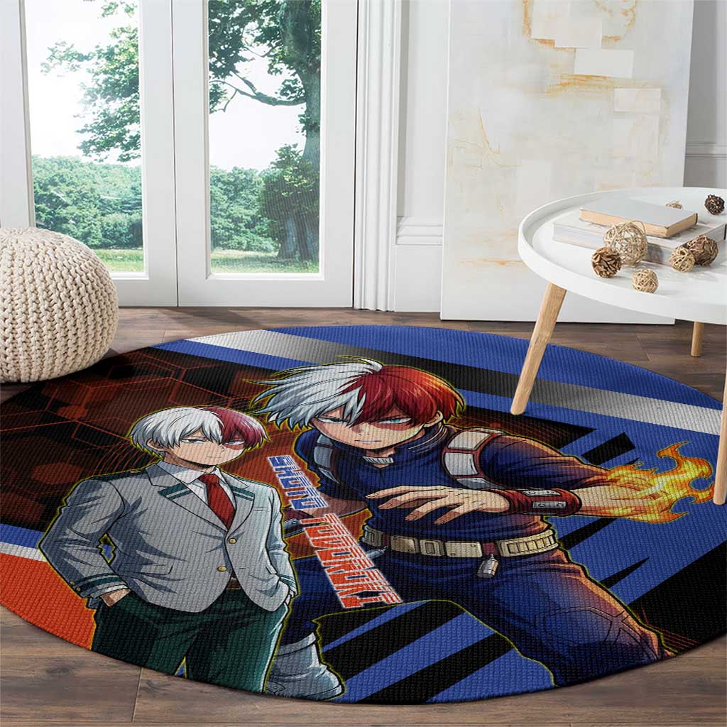 Shoto Todoroki Round Carpet Split Fire and Ice Anime Illustration with Elemental Energy Effects