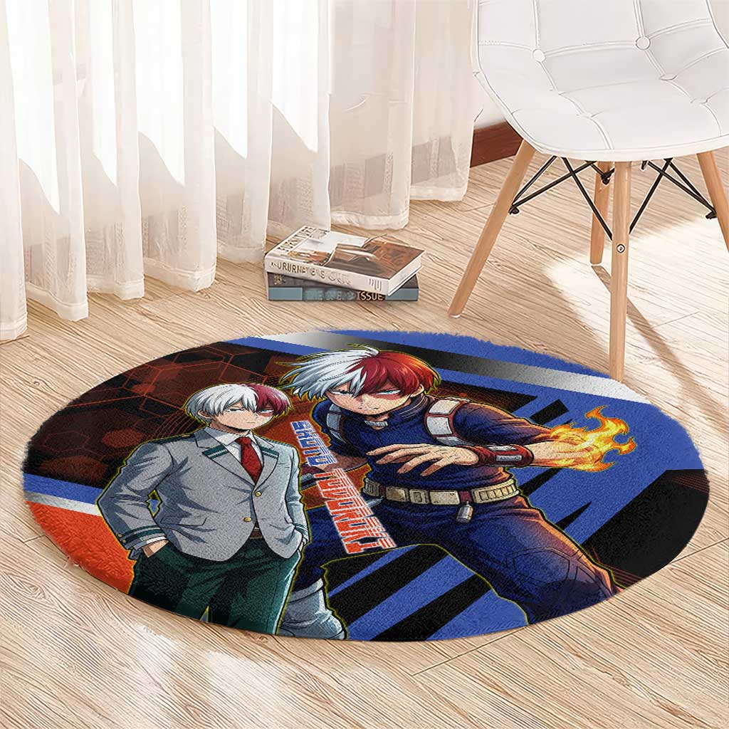 Shoto Todoroki Round Carpet Split Fire and Ice Anime Illustration with Elemental Energy Effects