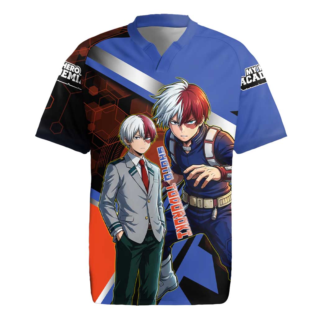 Shoto Todoroki Rugby Jersey Split Fire and Ice Anime Illustration with Elemental Energy Effects