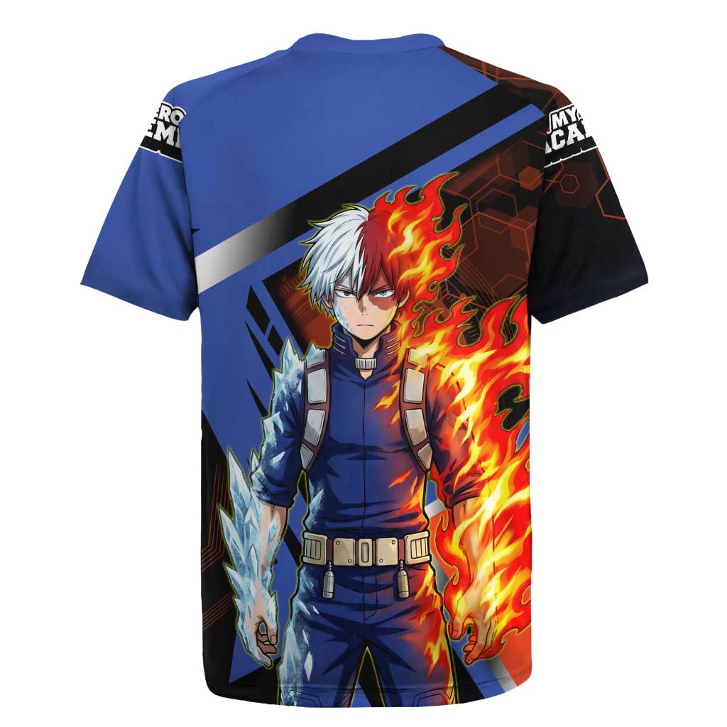 Shoto Todoroki Rugby Jersey Split Fire and Ice Anime Illustration with Elemental Energy Effects