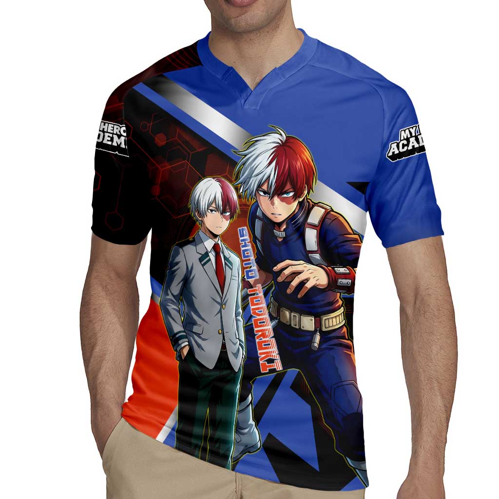 Shoto Todoroki Rugby Jersey Split Fire and Ice Anime Illustration with Elemental Energy Effects