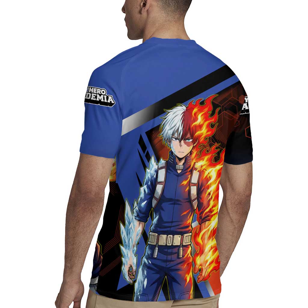 Shoto Todoroki Rugby Jersey Split Fire and Ice Anime Illustration with Elemental Energy Effects