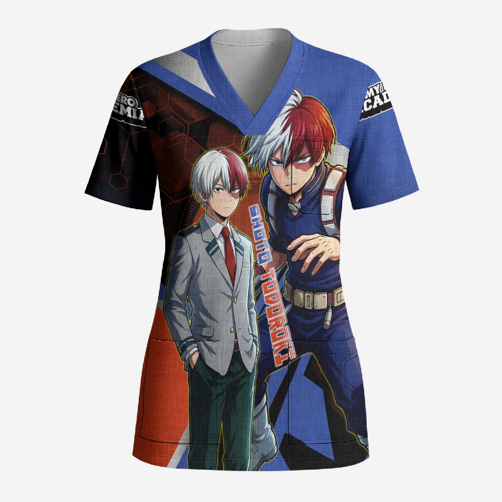 Shoto Todoroki Scrub Top Split Fire and Ice Anime Illustration with Elemental Energy Effects