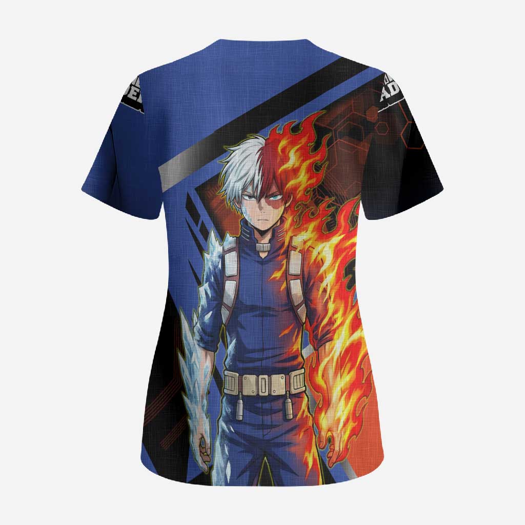 Shoto Todoroki Scrub Top Split Fire and Ice Anime Illustration with Elemental Energy Effects