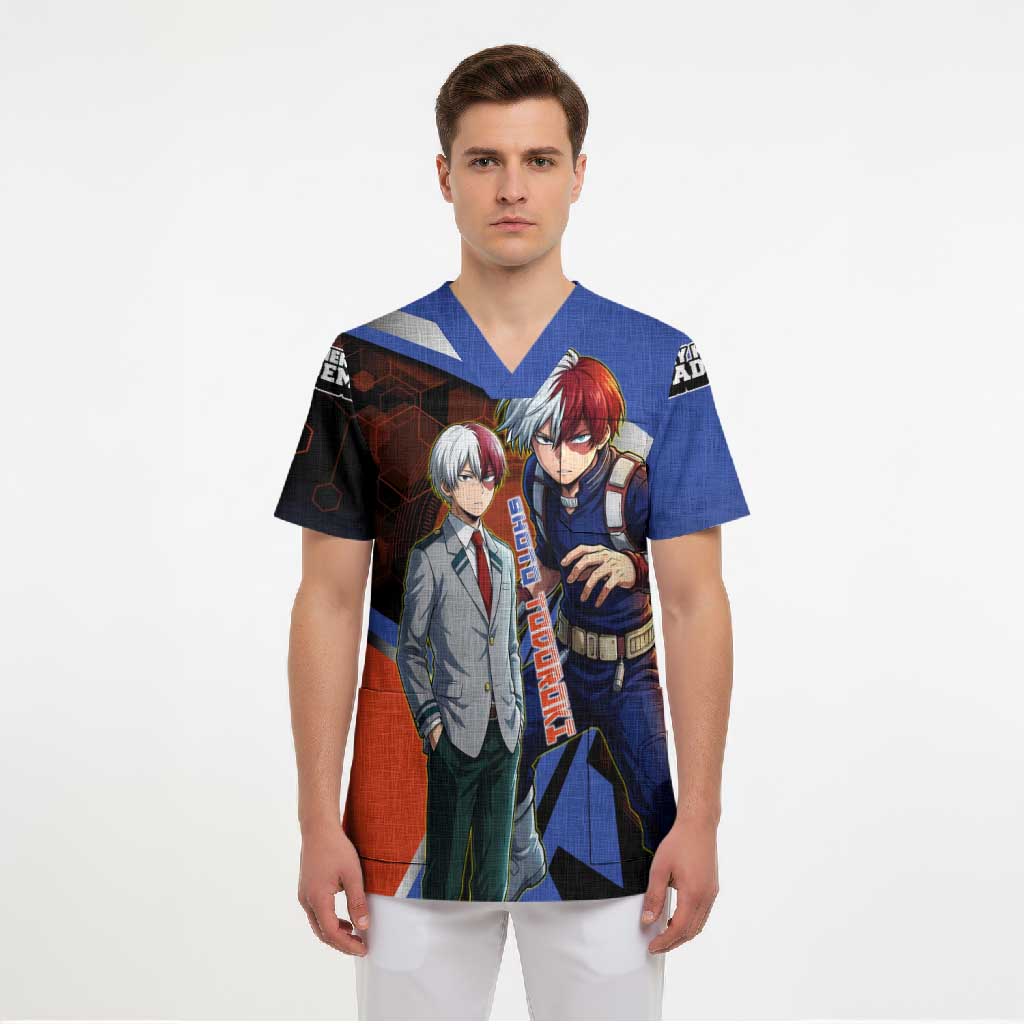 Shoto Todoroki Scrub Top Split Fire and Ice Anime Illustration with Elemental Energy Effects