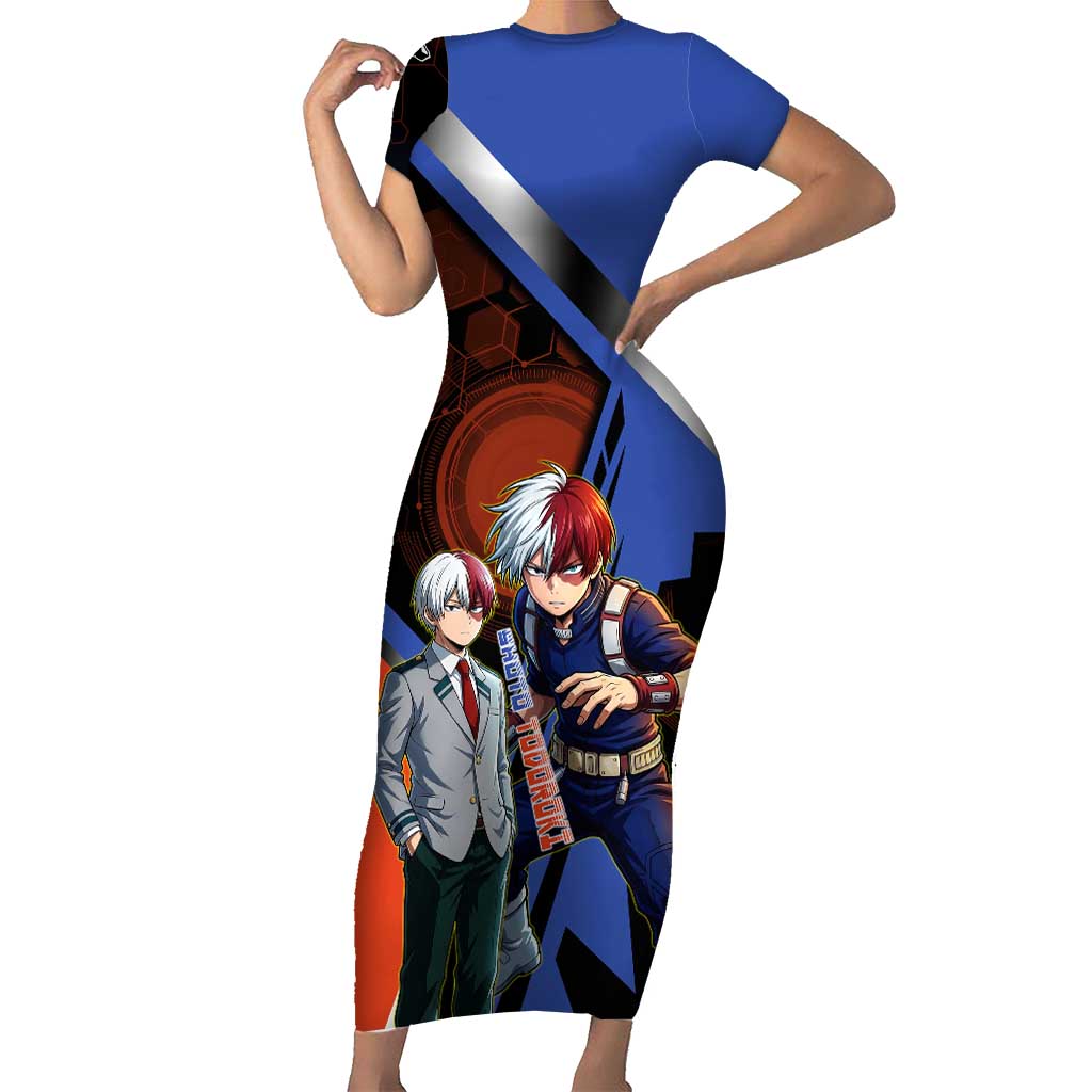 Shoto Todoroki Short Sleeve Bodycon Dress Split Fire and Ice Anime Illustration with Elemental Energy Effects