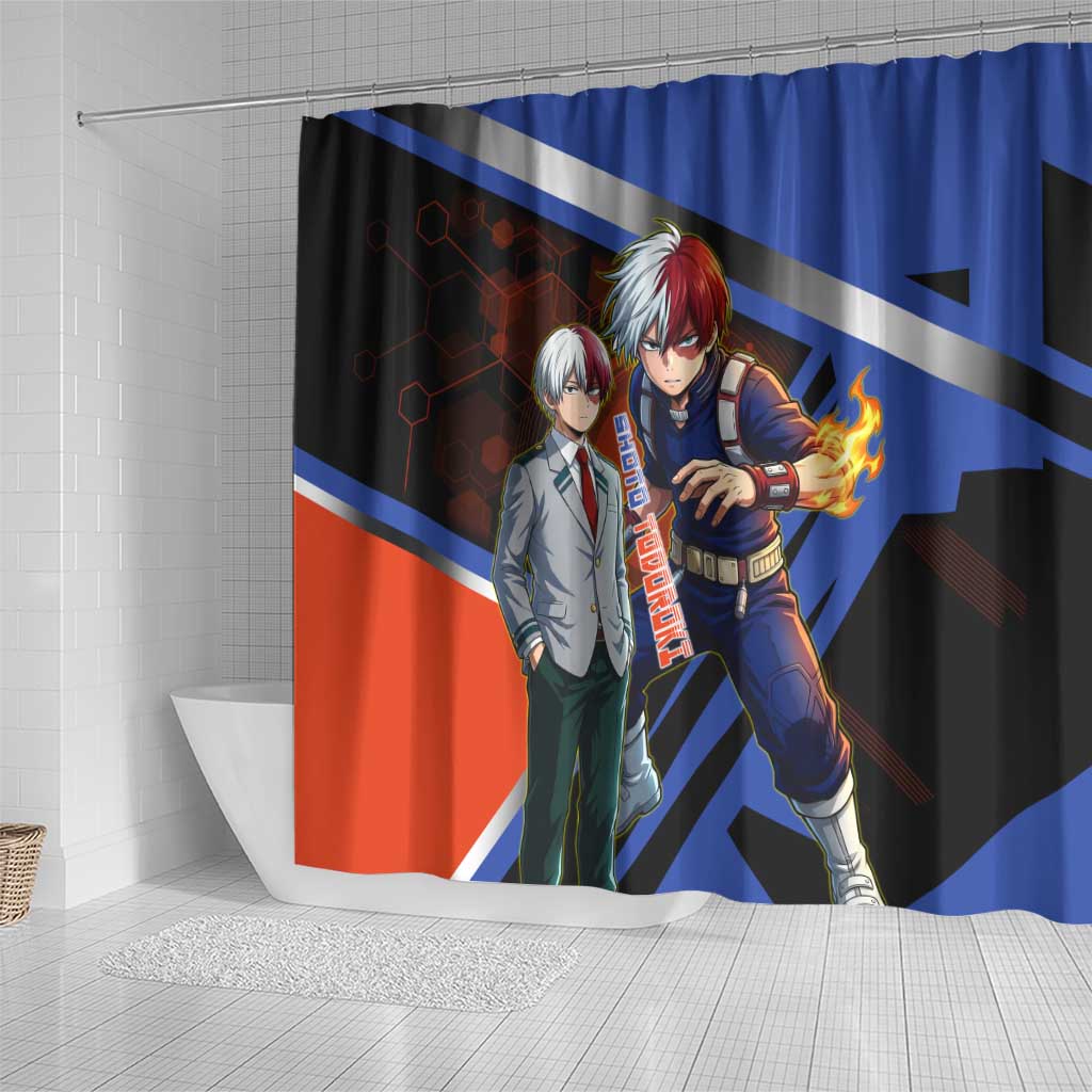 Shoto Todoroki Shower Curtain Split Fire and Ice Anime Illustration with Elemental Energy Effects