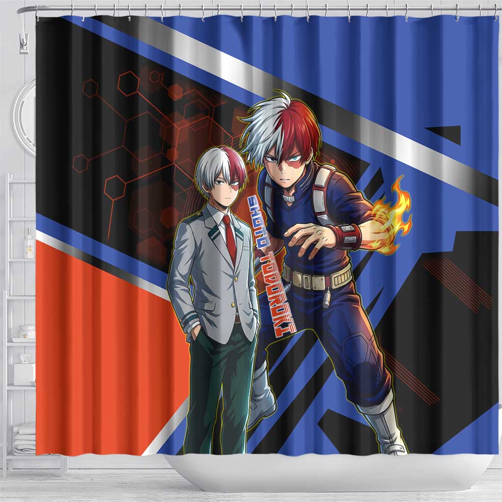 Shoto Todoroki Shower Curtain Split Fire and Ice Anime Illustration with Elemental Energy Effects