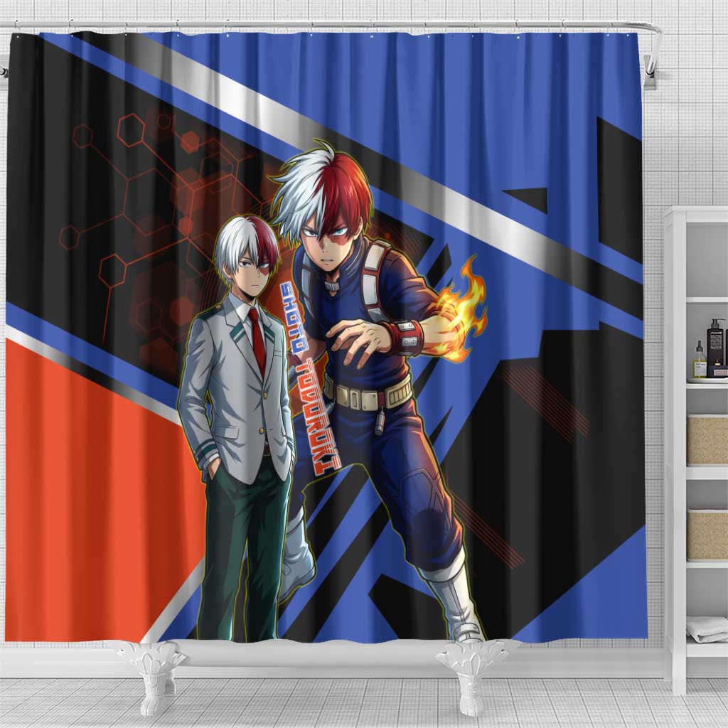 Shoto Todoroki Shower Curtain Split Fire and Ice Anime Illustration with Elemental Energy Effects