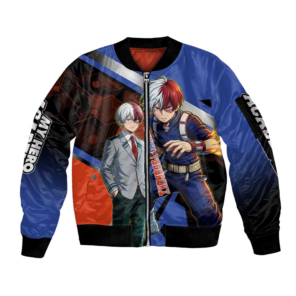 Shoto Todoroki Sleeve Zip Bomber Jacket Split Fire and Ice Anime Illustration with Elemental Energy Effects