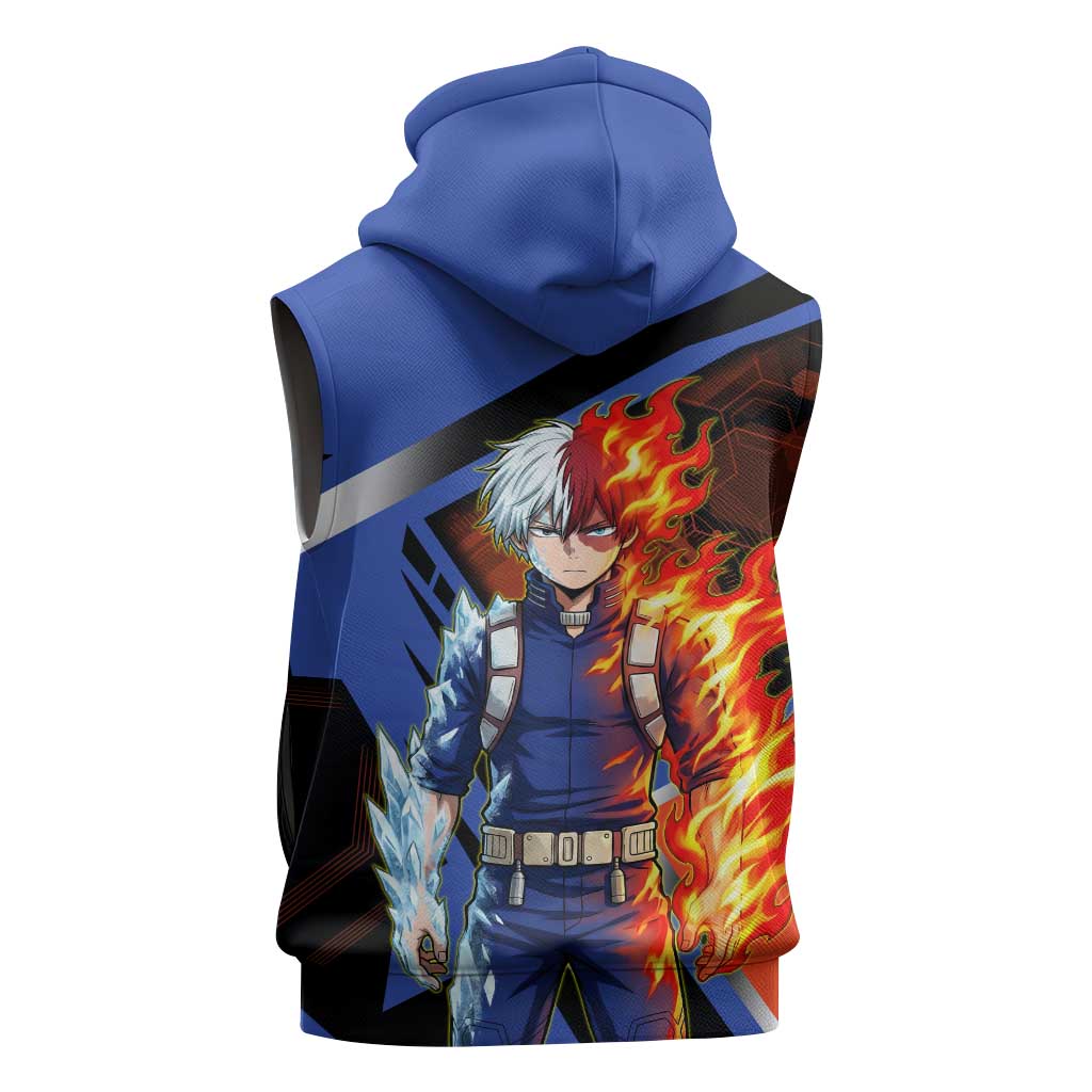 Shoto Todoroki Sleeveless Hoodie Split Fire and Ice Anime Illustration with Elemental Energy Effects