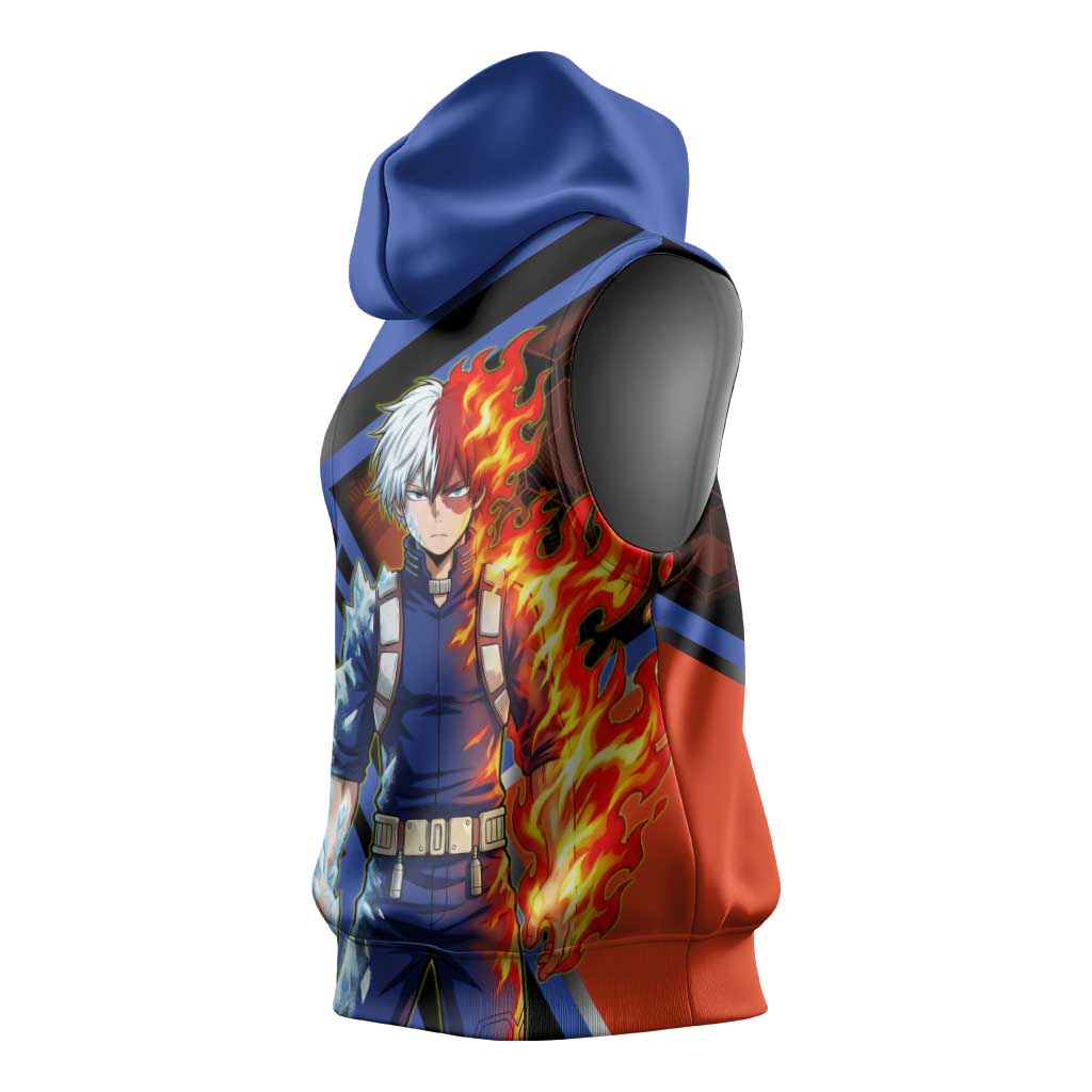 Shoto Todoroki Sleeveless Hoodie Split Fire and Ice Anime Illustration with Elemental Energy Effects