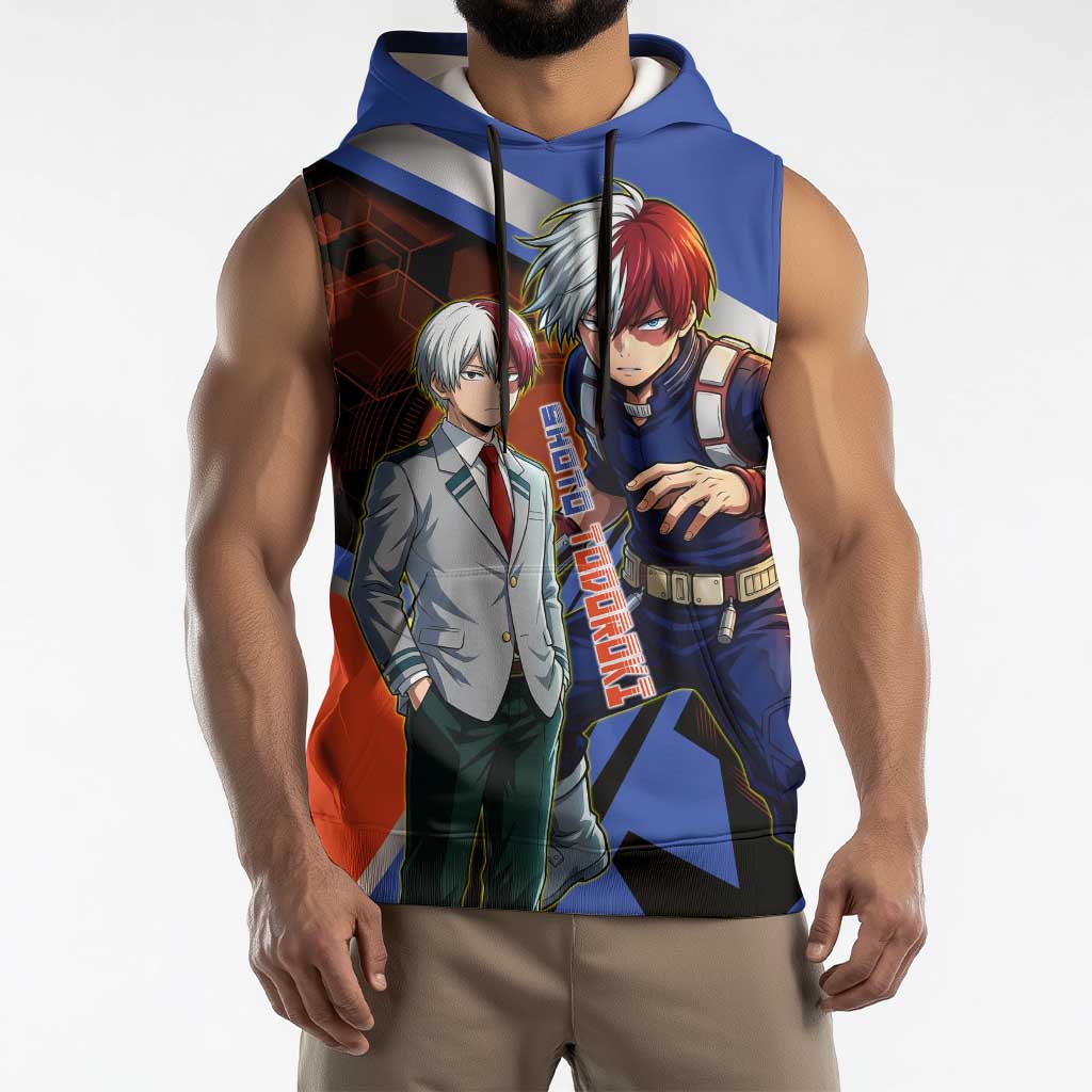 Shoto Todoroki Sleeveless Hoodie Split Fire and Ice Anime Illustration with Elemental Energy Effects