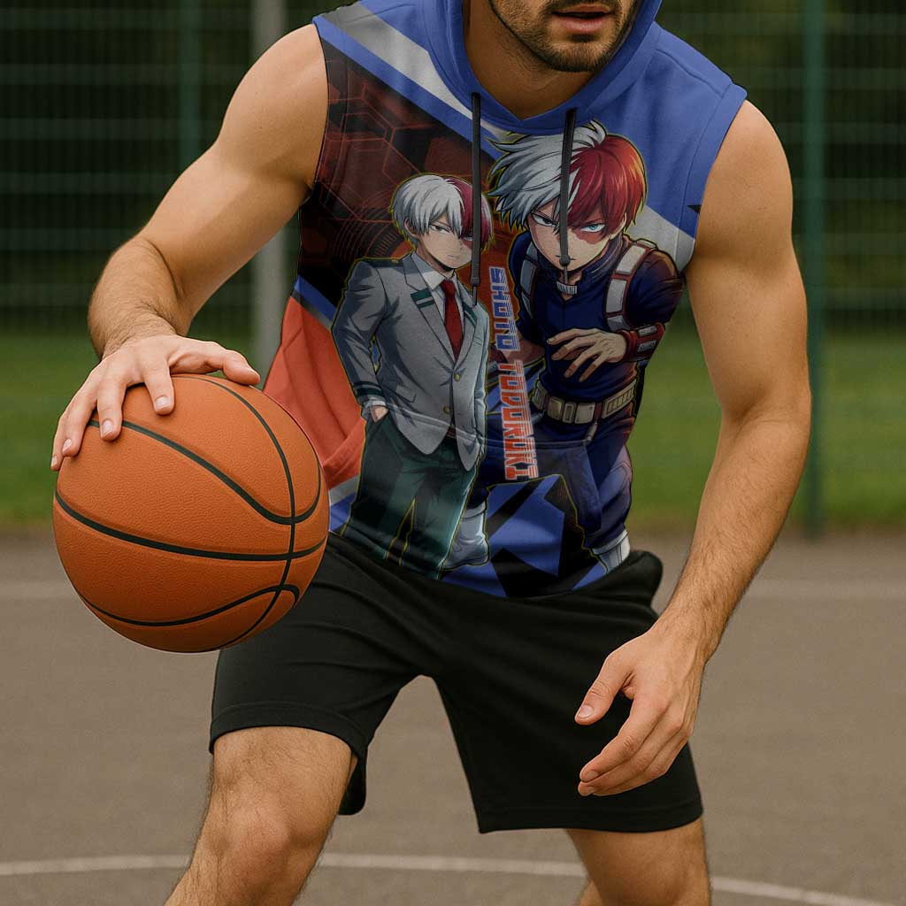 Shoto Todoroki Sleeveless Hoodie Split Fire and Ice Anime Illustration with Elemental Energy Effects