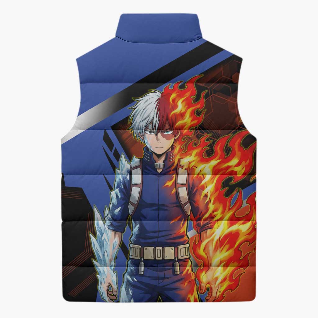 Shoto Todoroki Sleeveless Puffer Jacket Split Fire and Ice Anime Illustration with Elemental Energy Effects