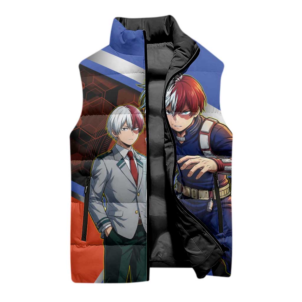 Shoto Todoroki Sleeveless Puffer Jacket Split Fire and Ice Anime Illustration with Elemental Energy Effects