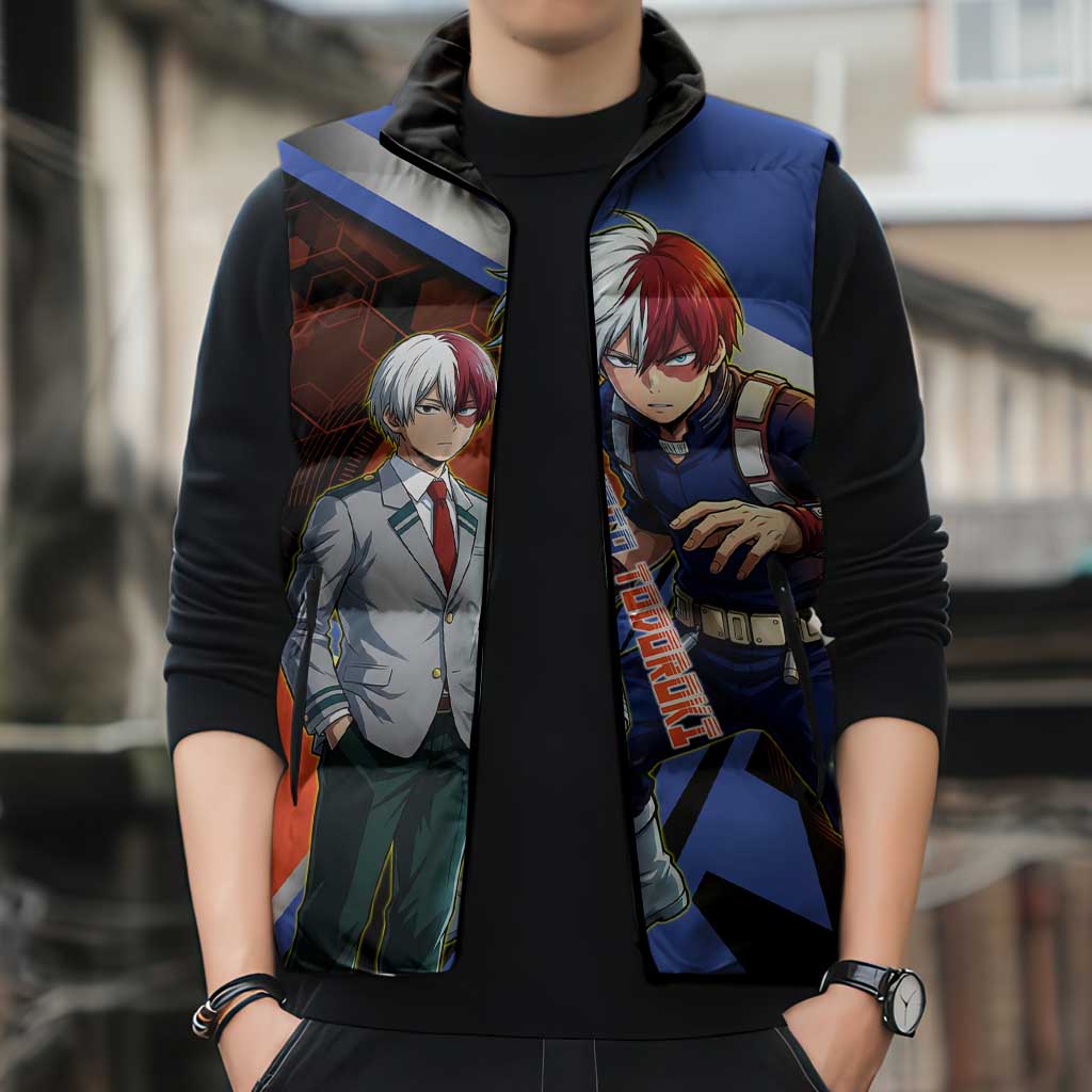 Shoto Todoroki Sleeveless Puffer Jacket Split Fire and Ice Anime Illustration with Elemental Energy Effects