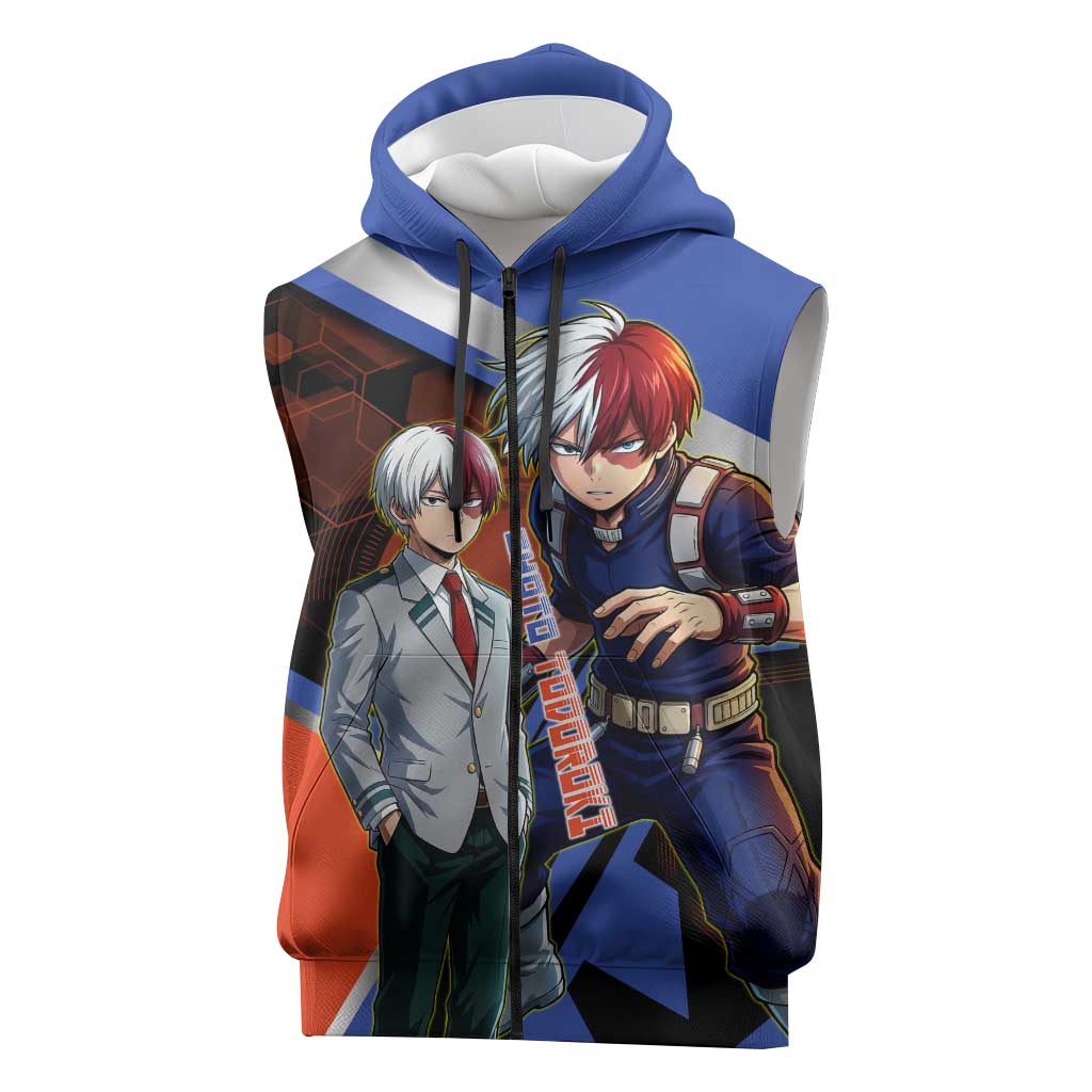 Shoto Todoroki Sleeveless Zip Hoodie Split Fire and Ice Anime Illustration with Elemental Energy Effects