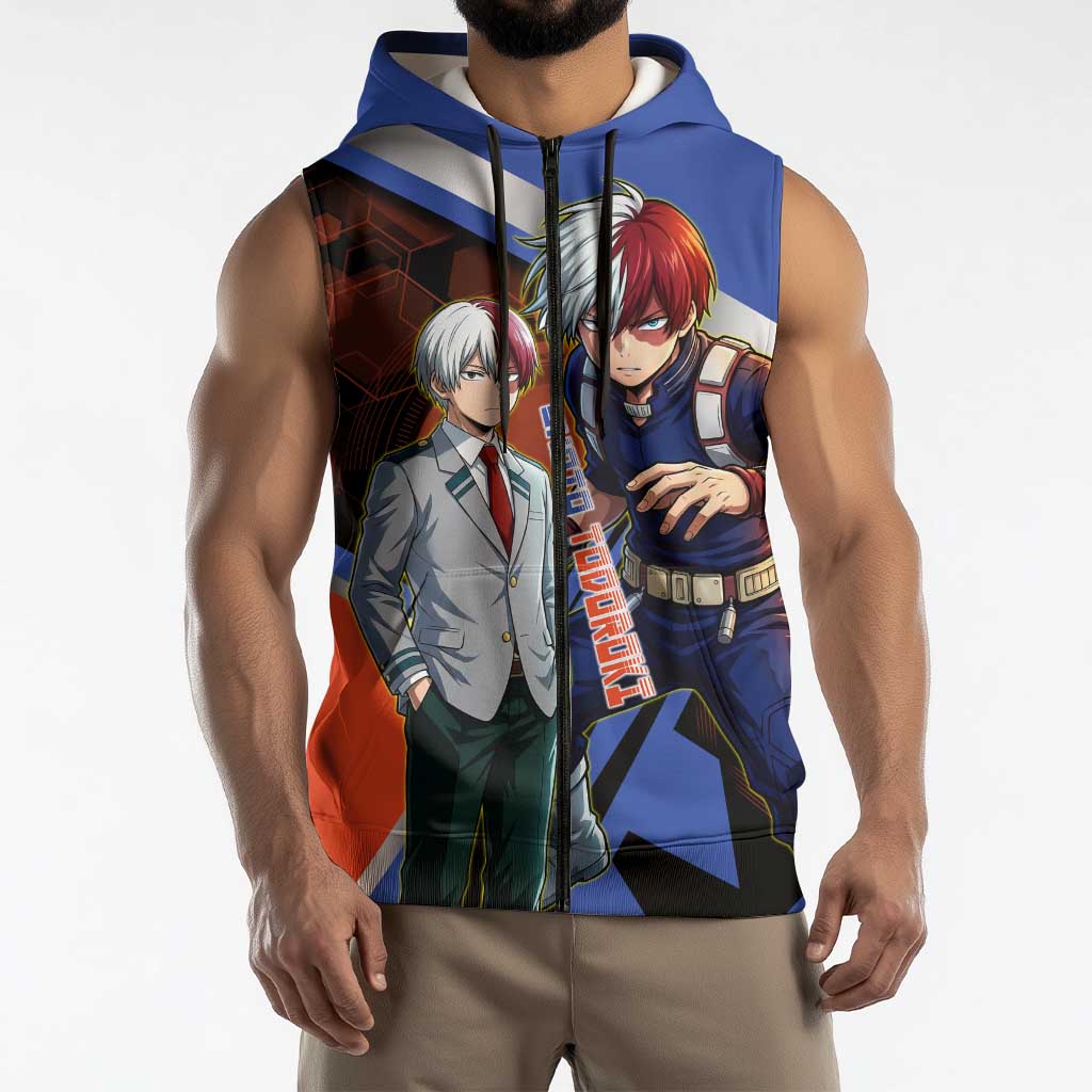 Shoto Todoroki Sleeveless Zip Hoodie Split Fire and Ice Anime Illustration with Elemental Energy Effects