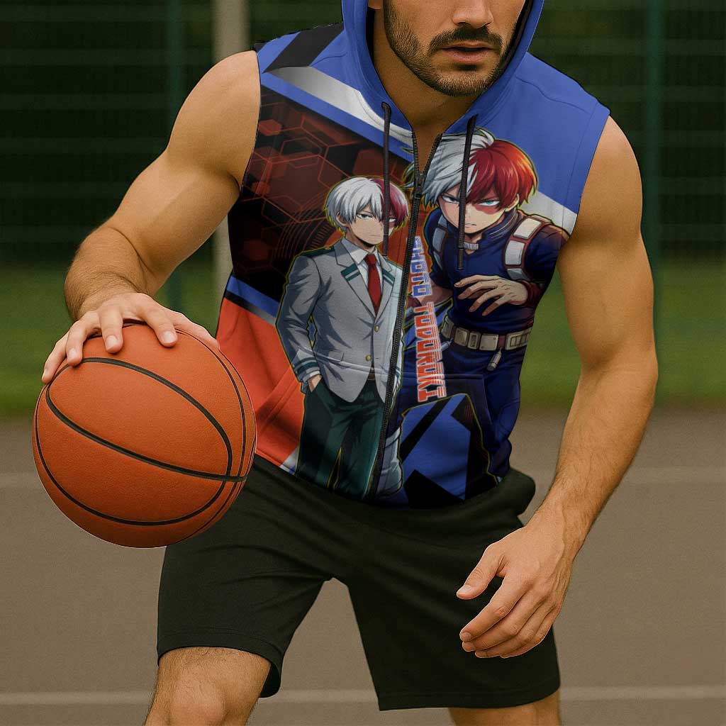 Shoto Todoroki Sleeveless Zip Hoodie Split Fire and Ice Anime Illustration with Elemental Energy Effects