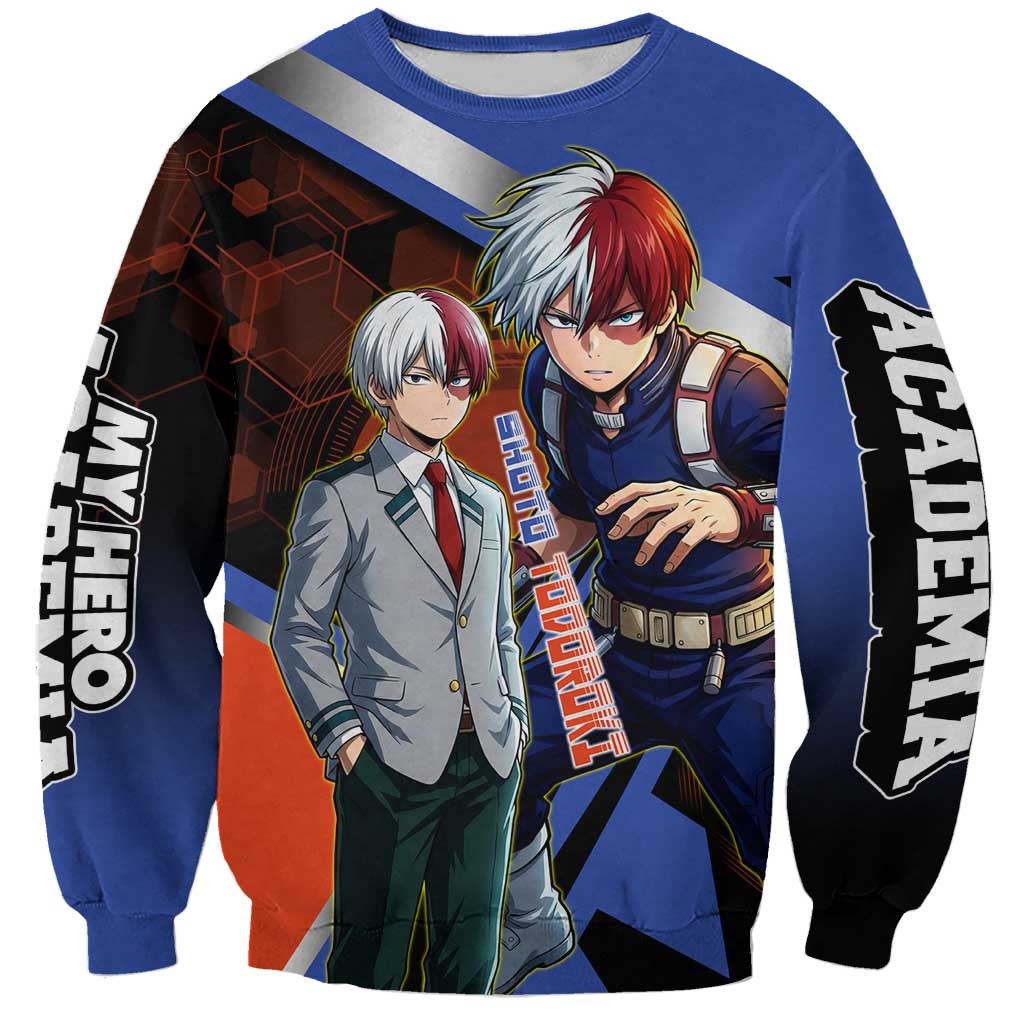 Shoto Todoroki Sweatshirt Split Fire and Ice Anime Illustration with Elemental Energy Effects