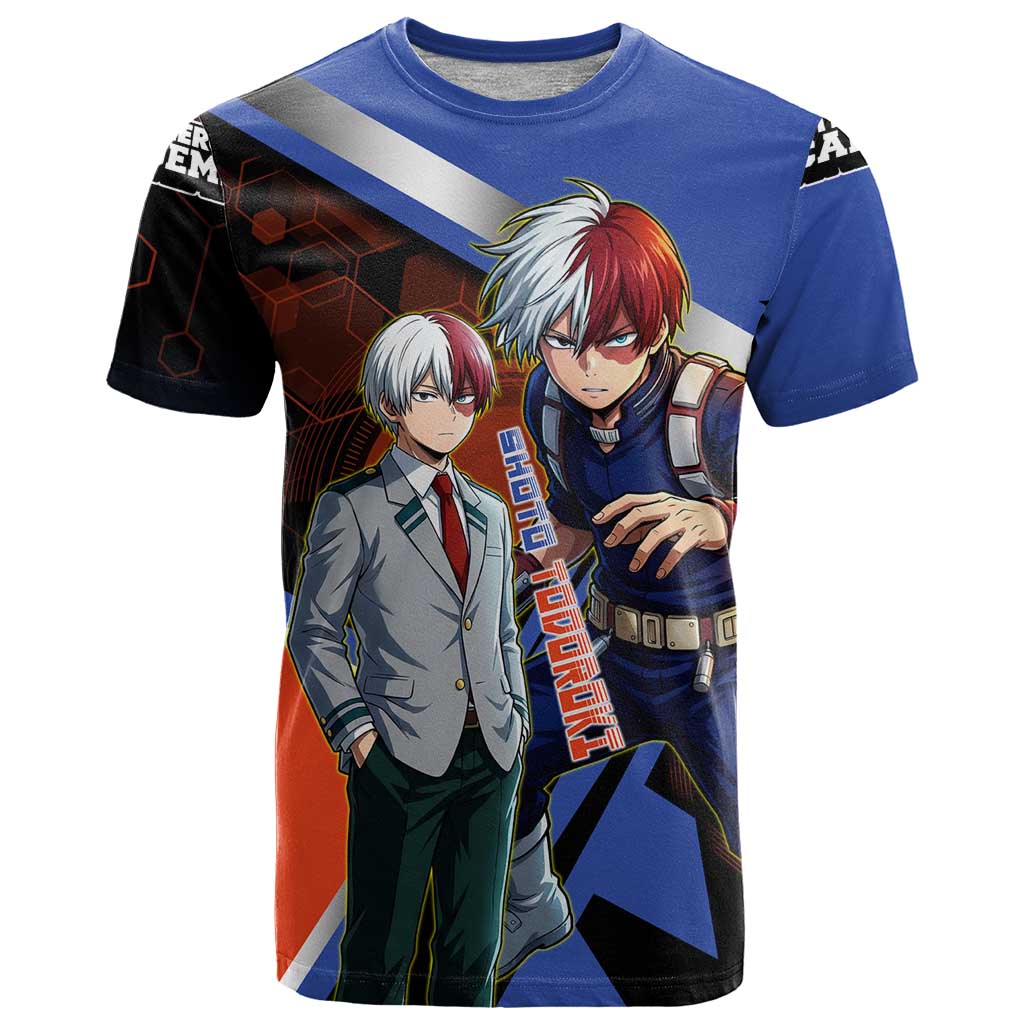 Shoto Todoroki T Shirt Split Fire and Ice Anime Illustration with Elemental Energy Effects