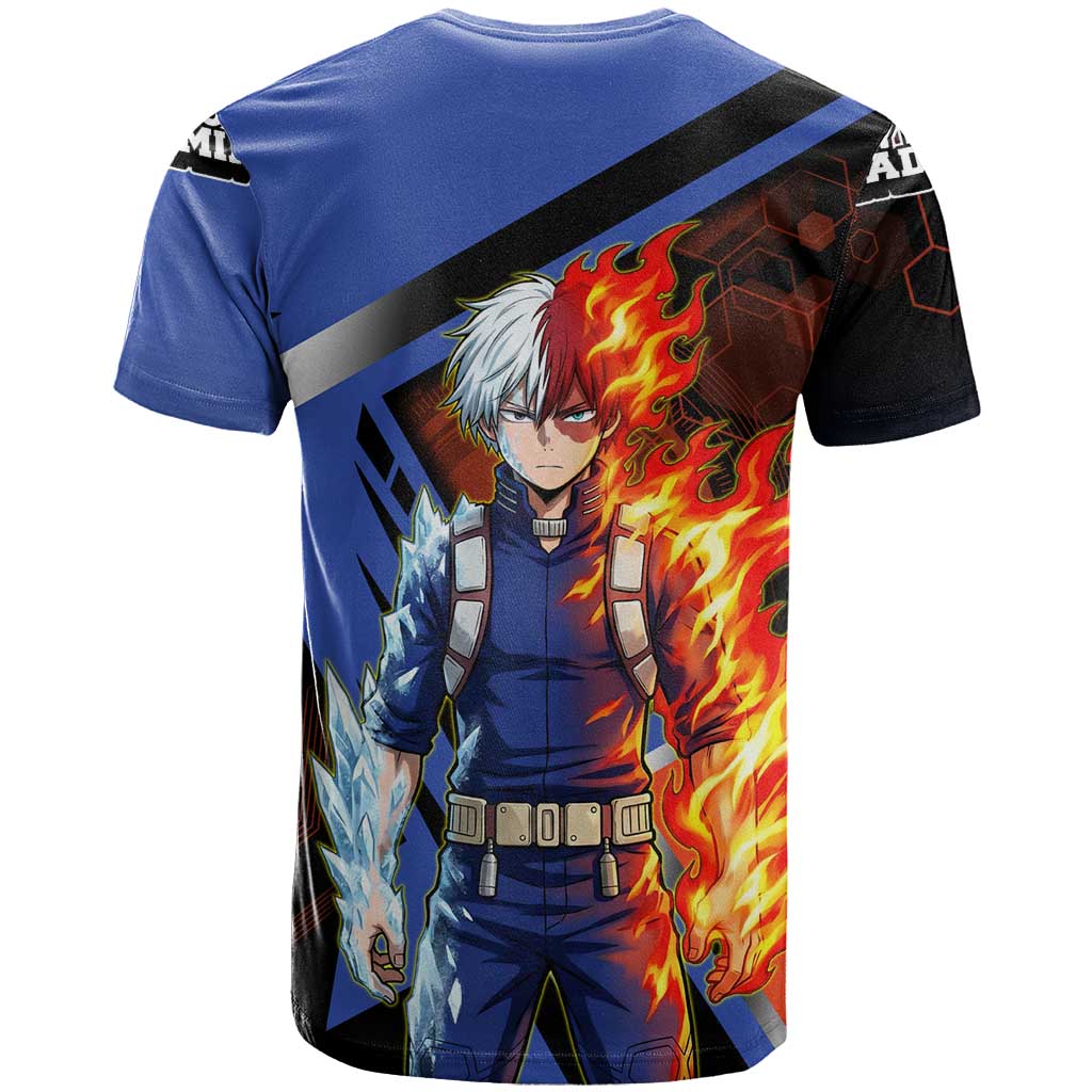 Shoto Todoroki T Shirt Split Fire and Ice Anime Illustration with Elemental Energy Effects