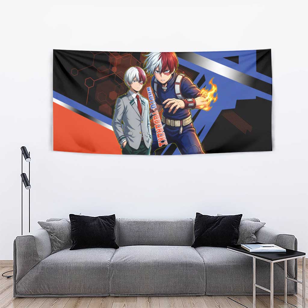 Shoto Todoroki Tapestry Split Fire and Ice Anime Illustration with Elemental Energy Effects