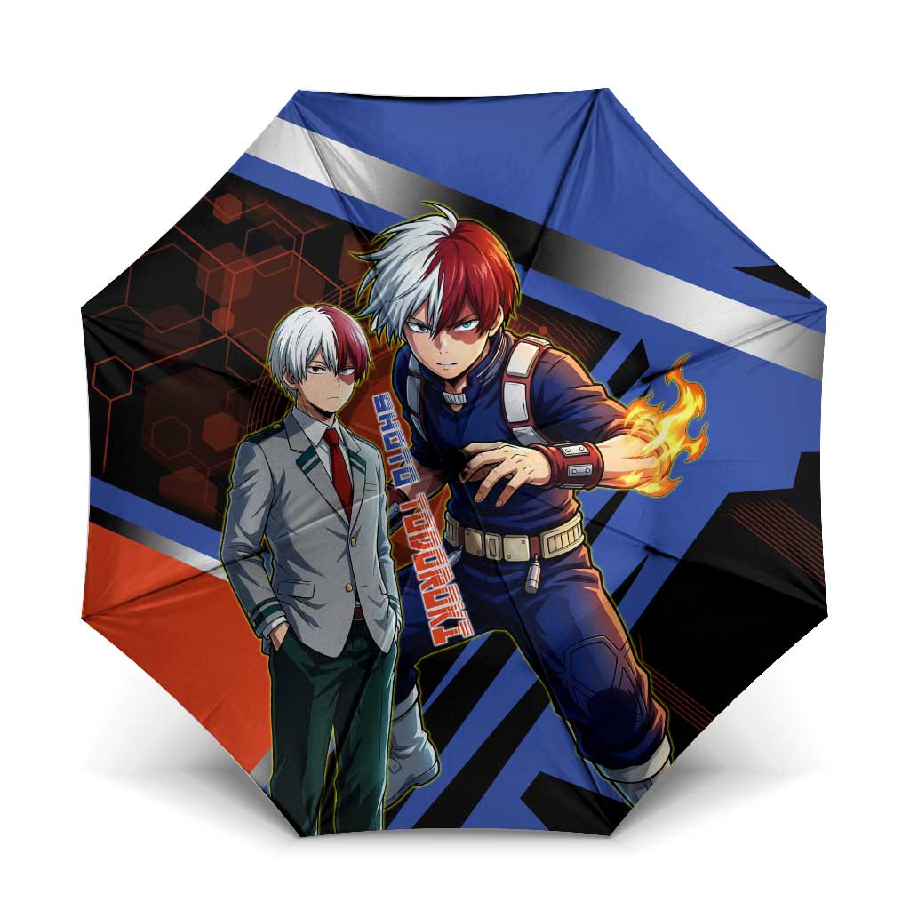 Shoto Todoroki Umbrella Split Fire and Ice Anime Illustration with Elemental Energy Effects