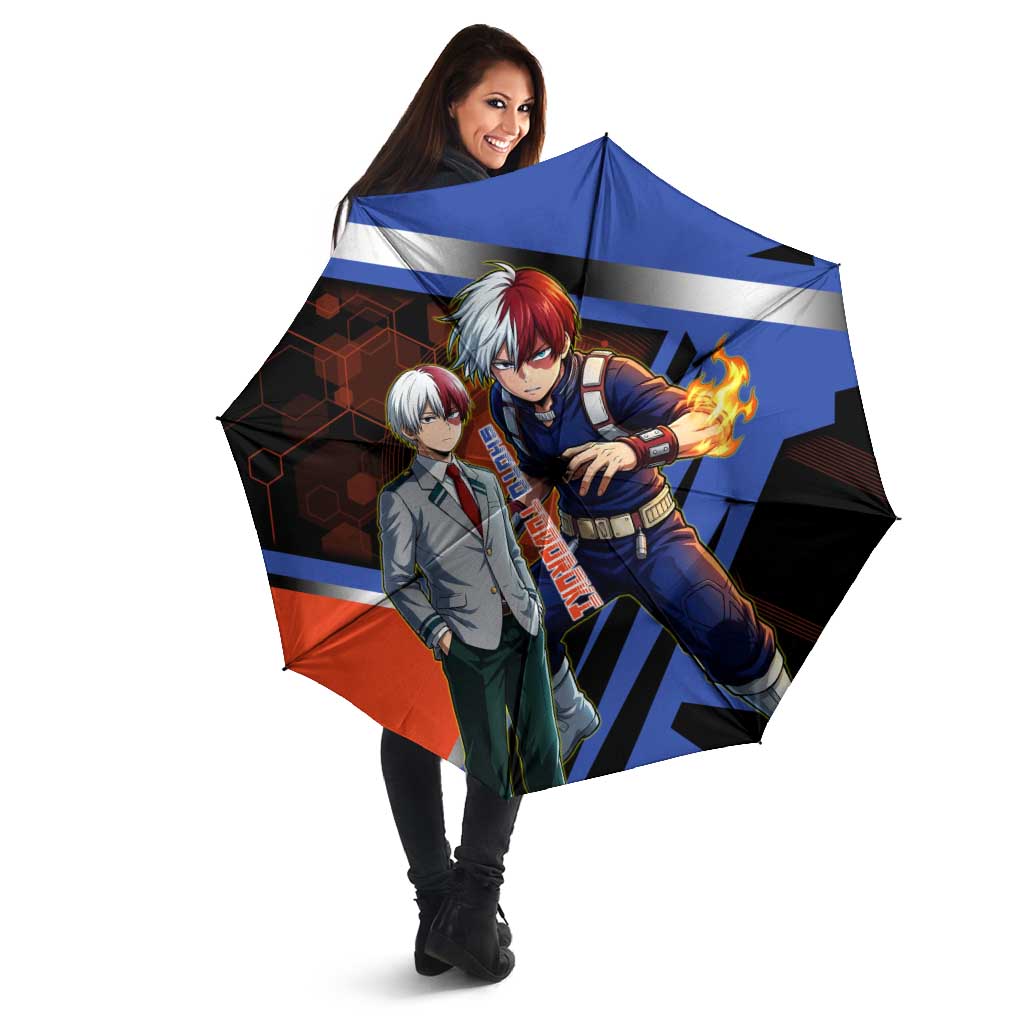 Shoto Todoroki Umbrella Split Fire and Ice Anime Illustration with Elemental Energy Effects