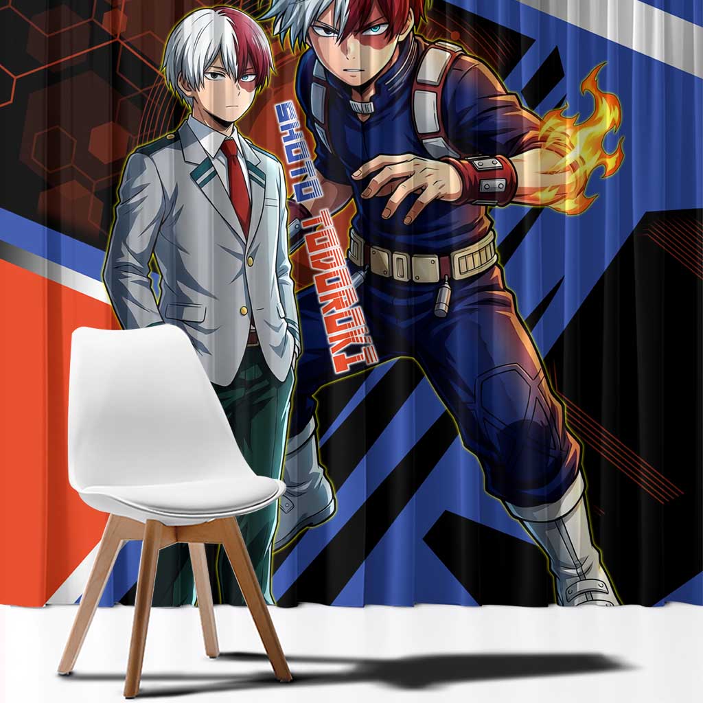 Shoto Todoroki Window Curtain Split Fire and Ice Anime Illustration with Elemental Energy Effects