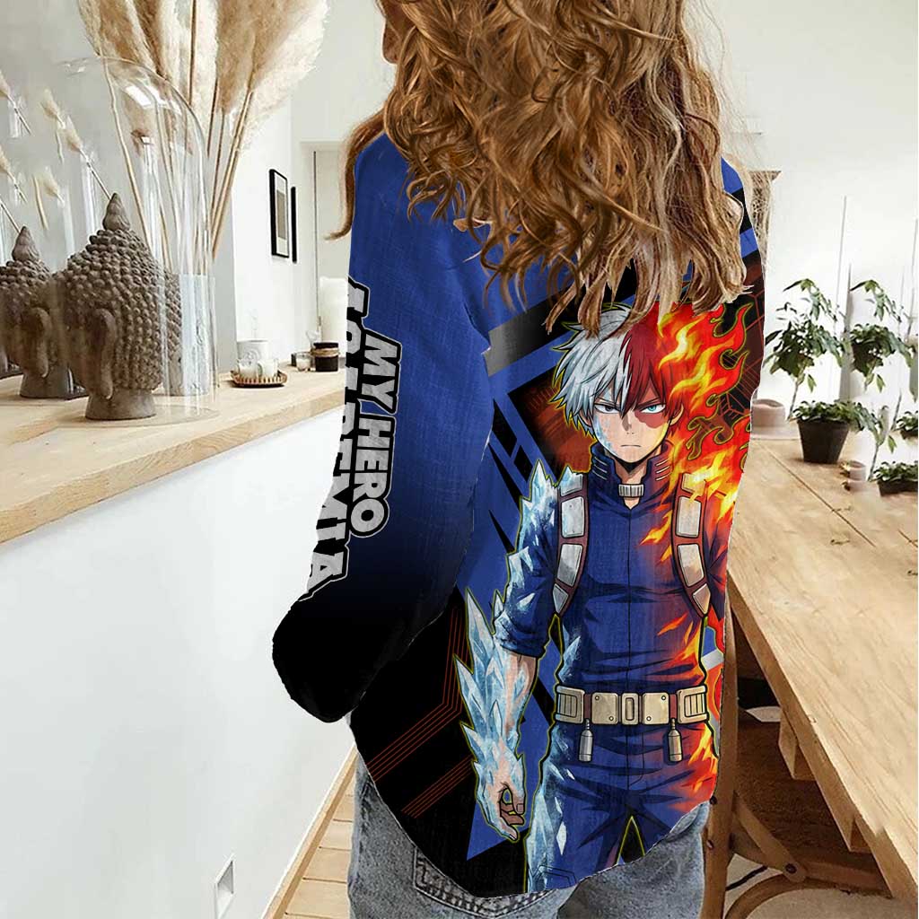 Shoto Todoroki Women Casual Shirt Split Fire and Ice Anime Illustration with Elemental Energy Effects