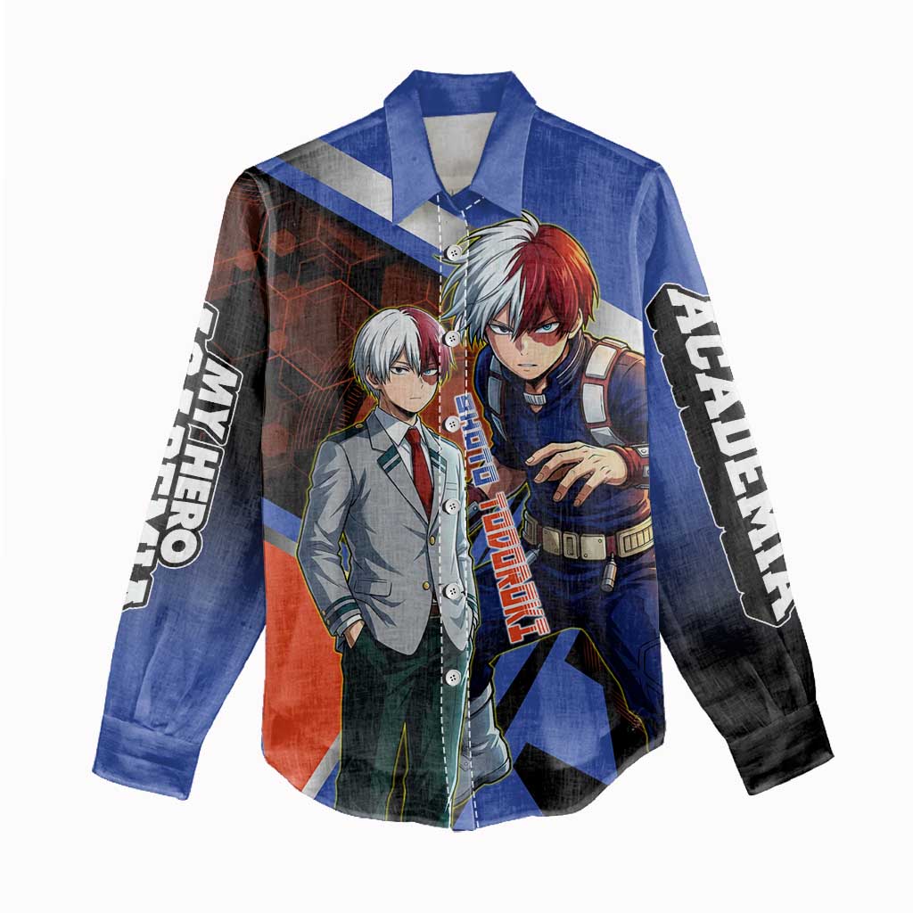 Shoto Todoroki Women Casual Shirt Split Fire and Ice Anime Illustration with Elemental Energy Effects
