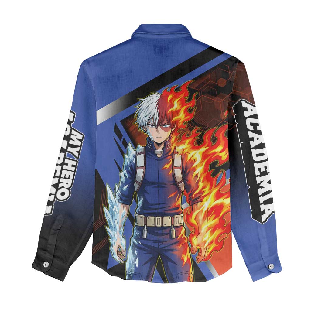 Shoto Todoroki Women Casual Shirt Split Fire and Ice Anime Illustration with Elemental Energy Effects