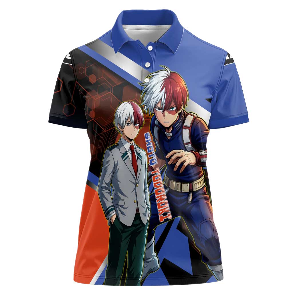 Shoto Todoroki Women Polo Shirt Split Fire and Ice Anime Illustration with Elemental Energy Effects