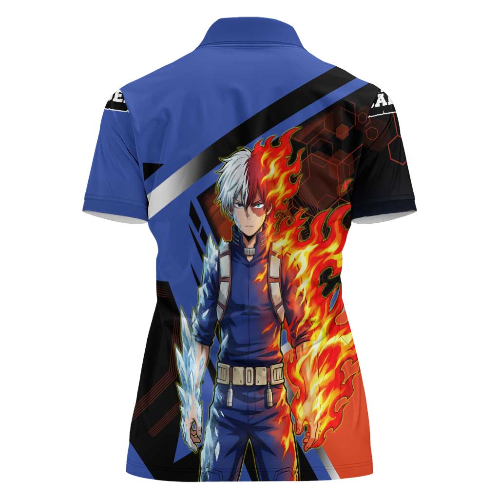 Shoto Todoroki Women Polo Shirt Split Fire and Ice Anime Illustration with Elemental Energy Effects