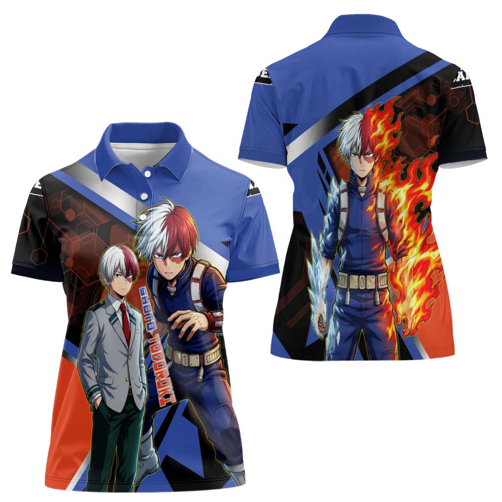 Shoto Todoroki Women Polo Shirt Split Fire and Ice Anime Illustration with Elemental Energy Effects