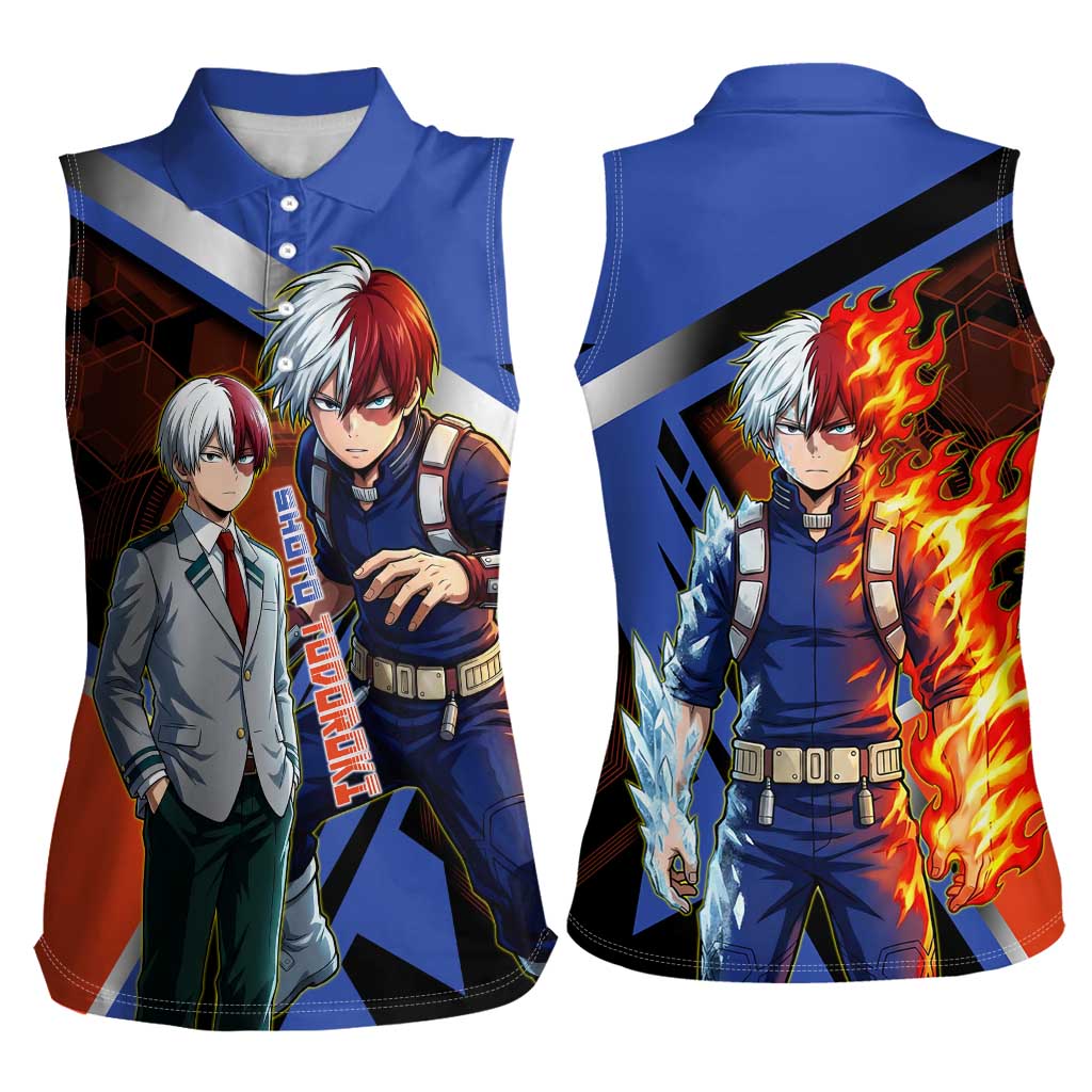 Shoto Todoroki Women Sleeveless Polo Shirt Split Fire and Ice Anime Illustration with Elemental Energy Effects