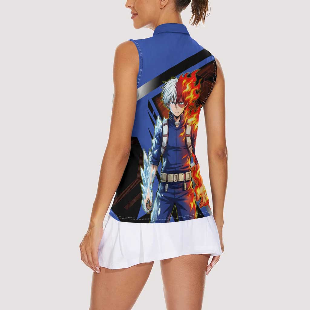 Shoto Todoroki Women Sleeveless Polo Shirt Split Fire and Ice Anime Illustration with Elemental Energy Effects