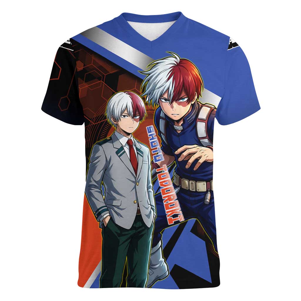 Shoto Todoroki Women V-Neck T-Shirt Split Fire and Ice Anime Illustration with Elemental Energy Effects