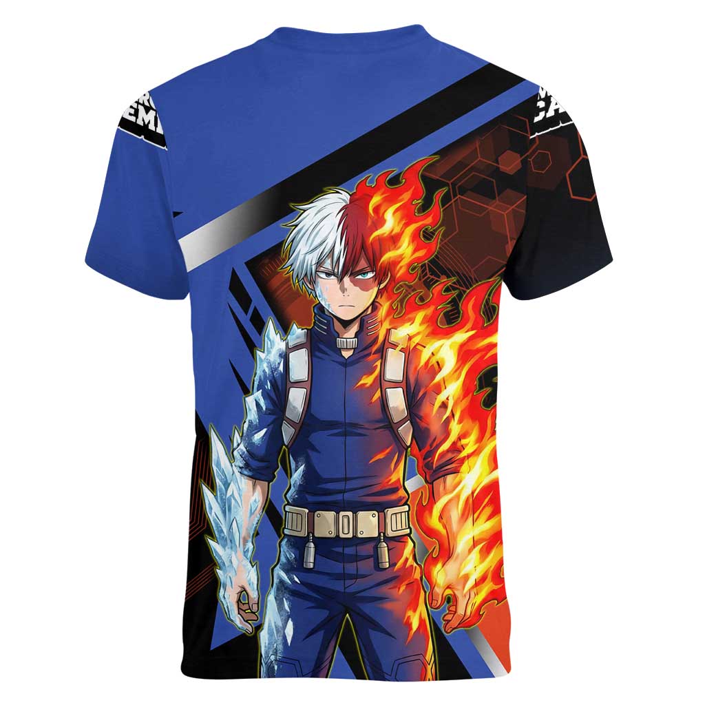 Shoto Todoroki Women V-Neck T-Shirt Split Fire and Ice Anime Illustration with Elemental Energy Effects