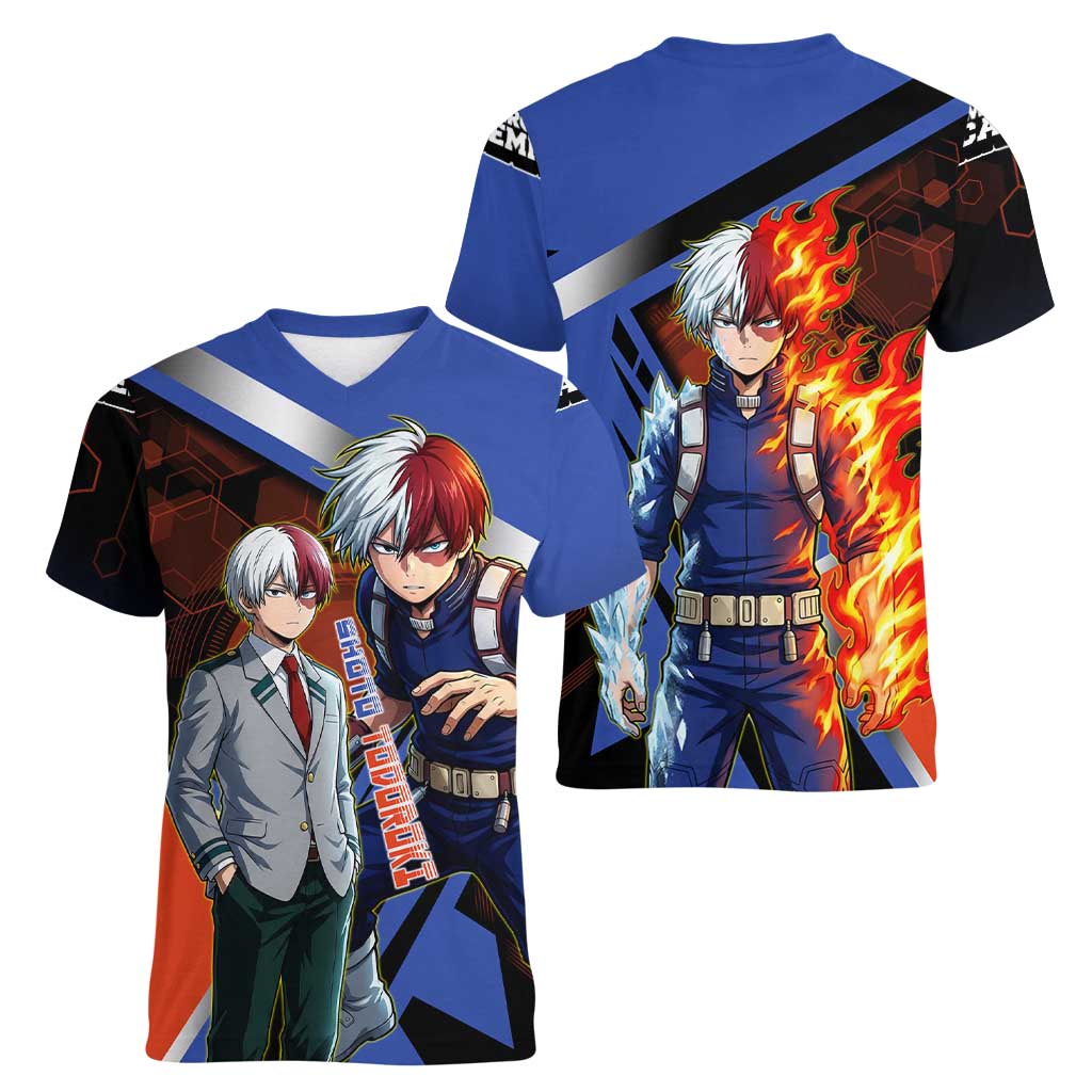 Shoto Todoroki Women V-Neck T-Shirt Split Fire and Ice Anime Illustration with Elemental Energy Effects