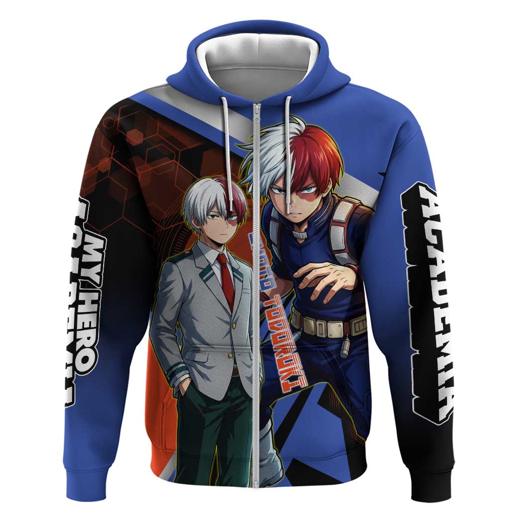 Shoto Todoroki Zip Hoodie Split Fire and Ice Anime Illustration with Elemental Energy Effects