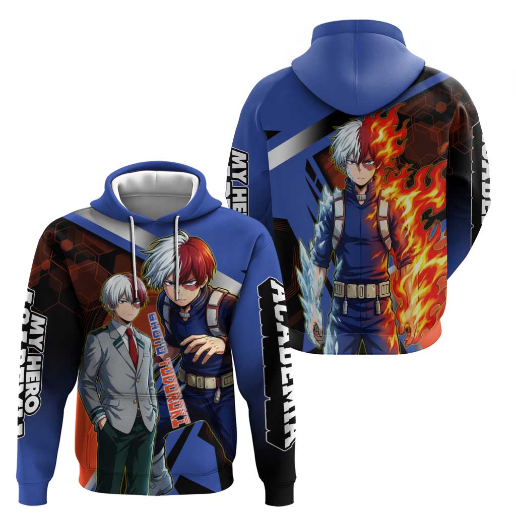 Shoto Todoroki Zip Hoodie Split Fire and Ice Anime Illustration with Elemental Energy Effects