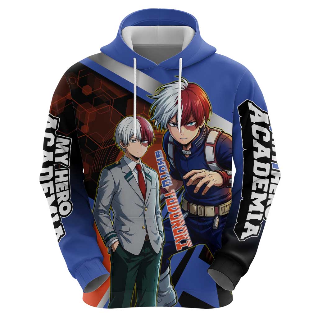 Shoto Todoroki Zip Hoodie Split Fire and Ice Anime Illustration with Elemental Energy Effects