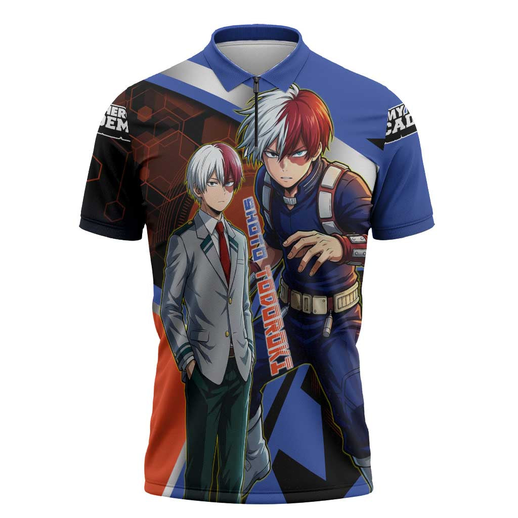 Shoto Todoroki Zipper Polo Shirt Split Fire and Ice Anime Illustration with Elemental Energy Effects