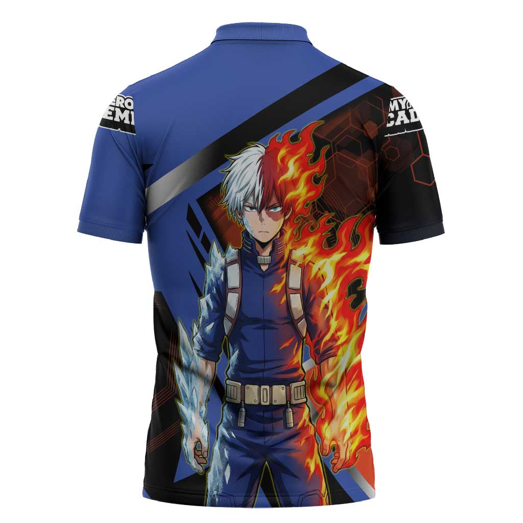 Shoto Todoroki Zipper Polo Shirt Split Fire and Ice Anime Illustration with Elemental Energy Effects