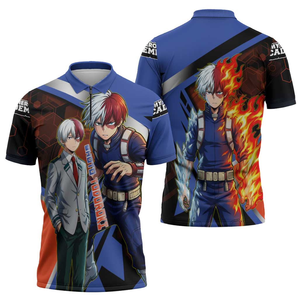 Shoto Todoroki Zipper Polo Shirt Split Fire and Ice Anime Illustration with Elemental Energy Effects